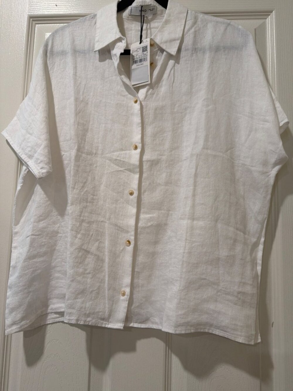 MNG Womens White Linen Button-Down Shirt Short Sleeve Lightweight Size L